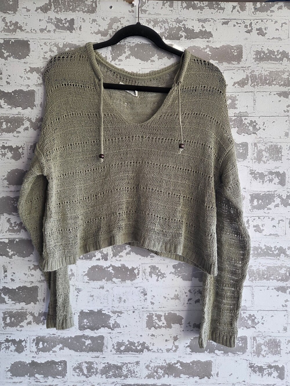 : Pull & Bear Boho Olive Green Sheer Knit Crop Top with Tassels - M